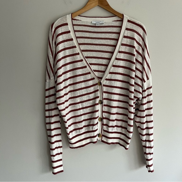 Ann Taylor Sweaters - Ann Taylor Weekend Brown and White Striped Cardigan Large